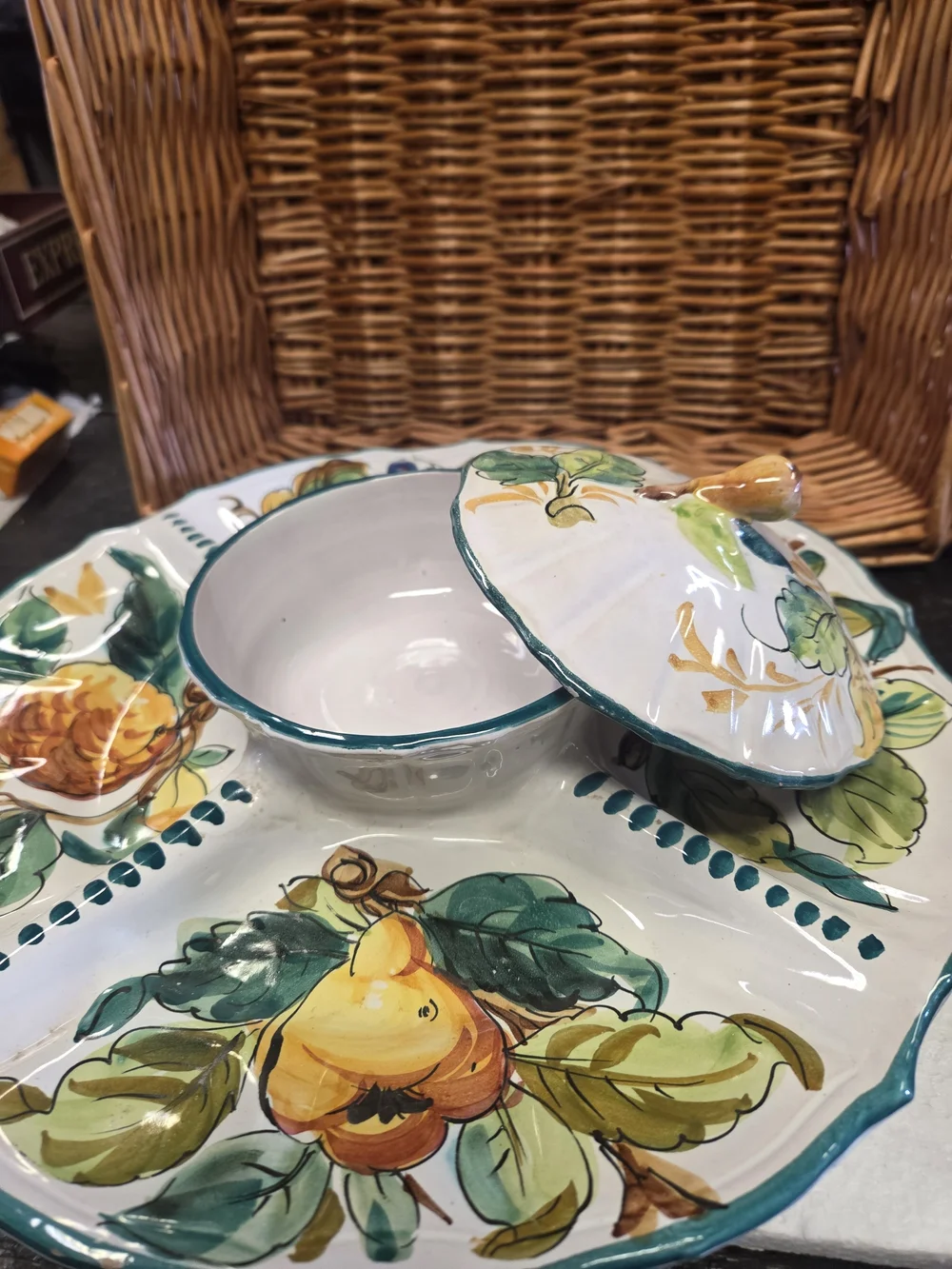 Hand-Painted VINTAGE ITALIAN MAJOLICA Ceramic Platter with Covered Dip